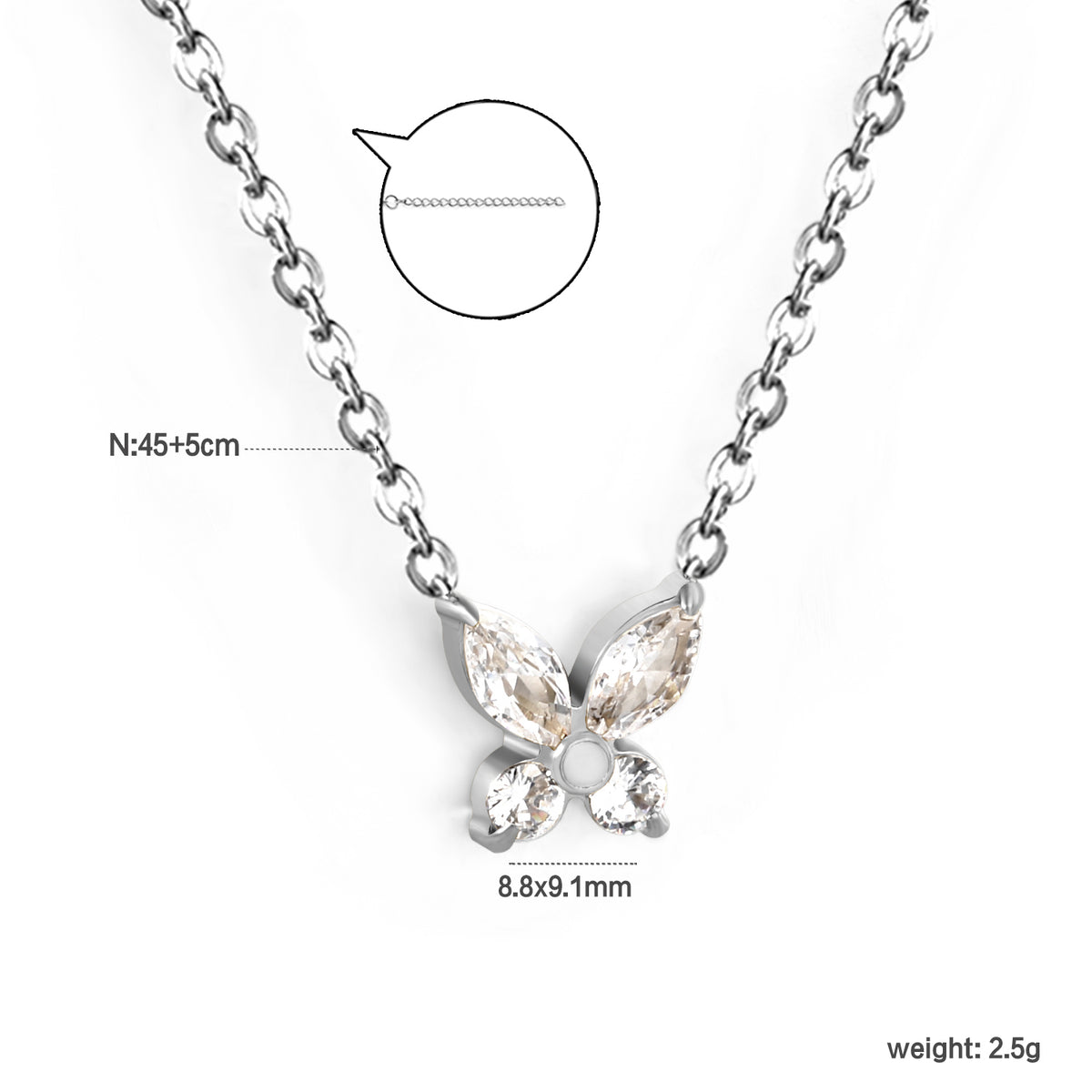 Collier papillon en diamant argenté